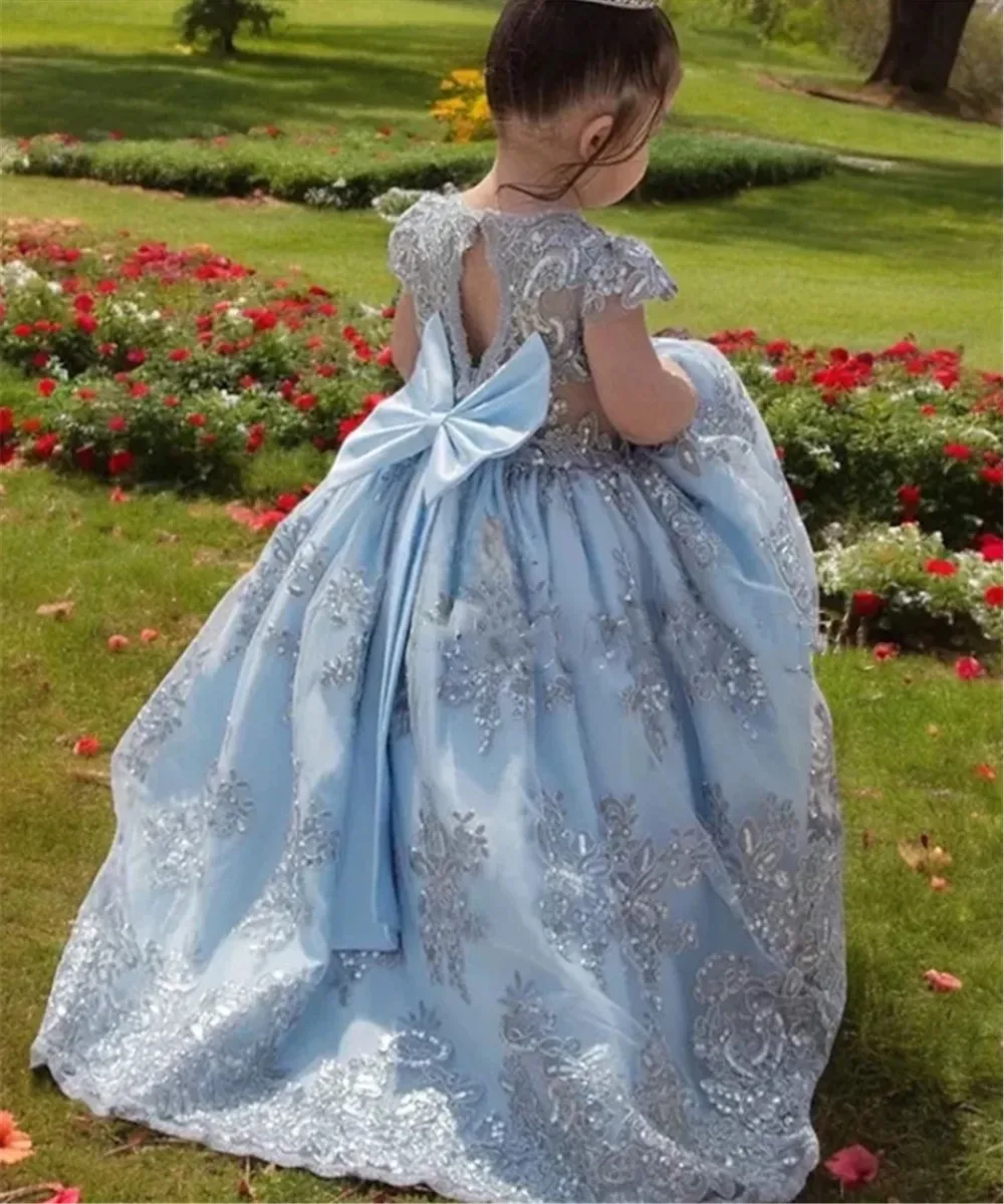 

Luxury Flower Girl Dresses for Wedding Bow Lace Appliques Princess Girl Kids Birthday Party First Holy Communion Gown Customized