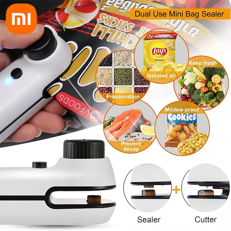 Xiaomi Rechargable 2 In 1 Mini Heat Sealer Storage Bag Plastic Package Snack Sealer Clip Bag Handheld Heat Sealer USB Charge