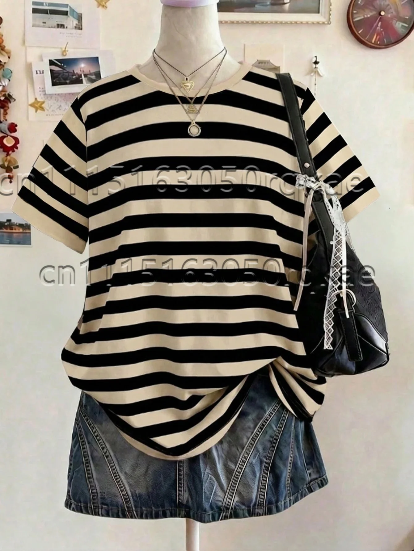 2026 Trendige Damen-T-Shirts mit Streifendesign und Musterdruck, Sommer-Streetwear, Minimalistisches Lässiges Kurzarm-T-Shirt für Damen – Detail 7