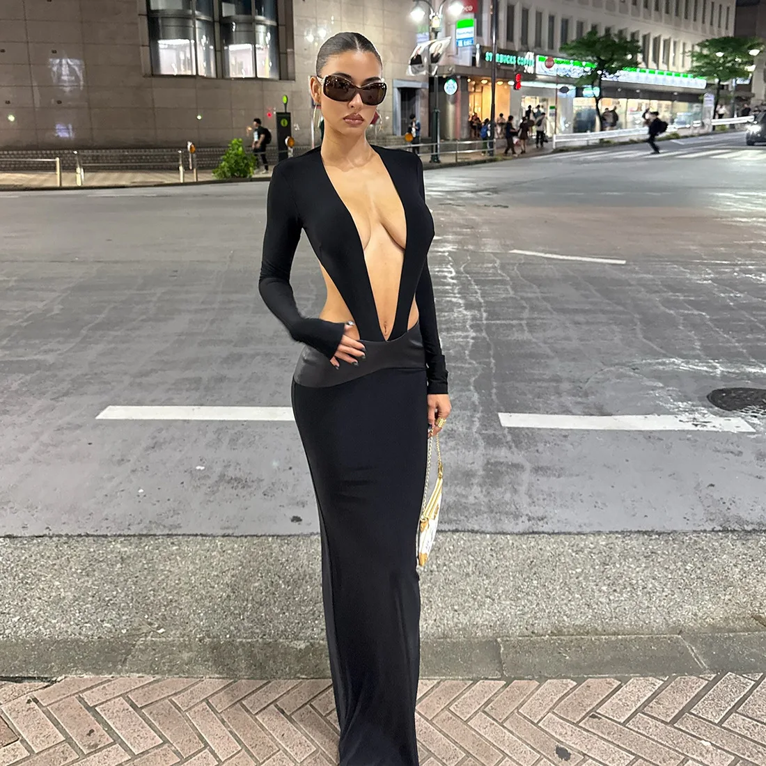 DSMTRC femmes col en v profond PU Patchwork pêche hanche Sexy Robes Hipster rue Stretch maigre Clubwear Coquette dos nu robe fendue