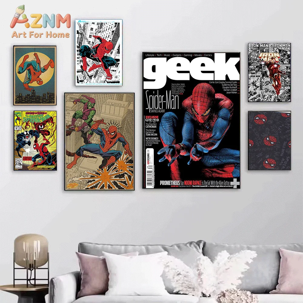AZNM Spiderman Peter Parker Comic Canvas Wall Print, Retro Superhero Character Cover Art Poster, Unframed Canvas Painting for