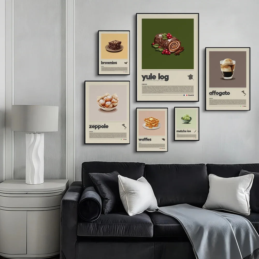 French Minimalist Dessert Art Poster,Yule Log Cake,Zeppole,Matcha Ice,Beautiful Dessert Decor Aesthetic Mural,Cafe Bakery Decor