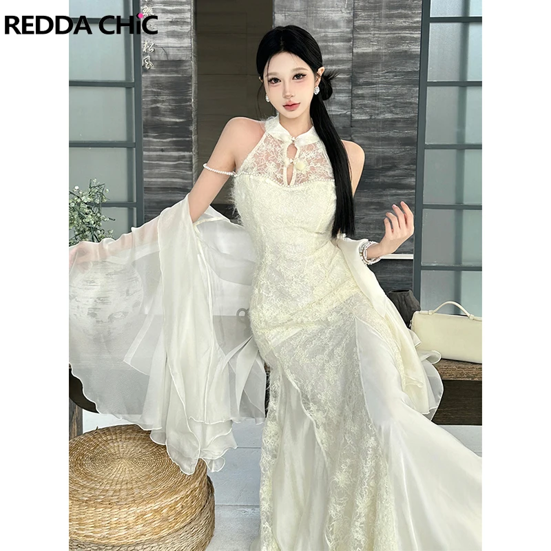 ReddaChic Chinese Cheongsam Shawl Women Set Sequin Glitter Lace Pearl Chain Bodycon Fishtail Maxi Long Dress Elegant Clothes
