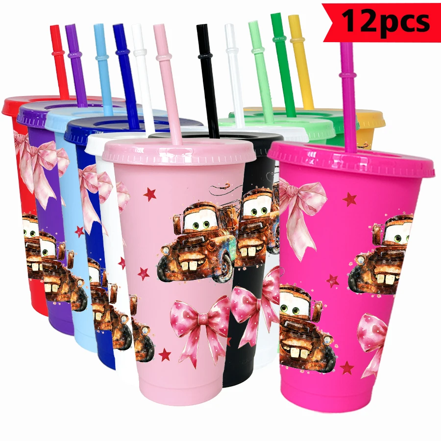 

12pcs/pack Disney Lightning McQueen Bow 26oz Multicolor Plastic Water Cup Party Drinkware Birthday/Back to School Gift