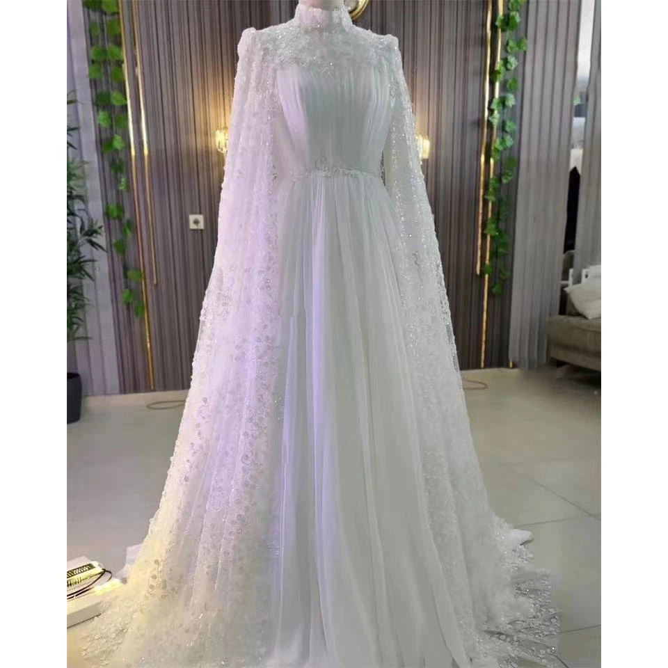 Luxury High-Neck Beaded Appliques Shawl Long Sleeves Wedding Dress 2024 Muslim A-Line Floor Length Sweep Train Bridal Gown