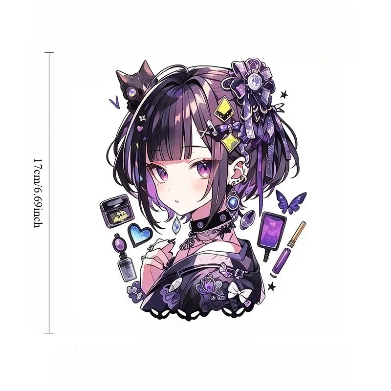 Gothic Anime Makeup Girl Sticker 17cm Waterproof Vinyl Decal Purple Eyes Short Hair Butterfly Decal for Car Motorcycle Helmet