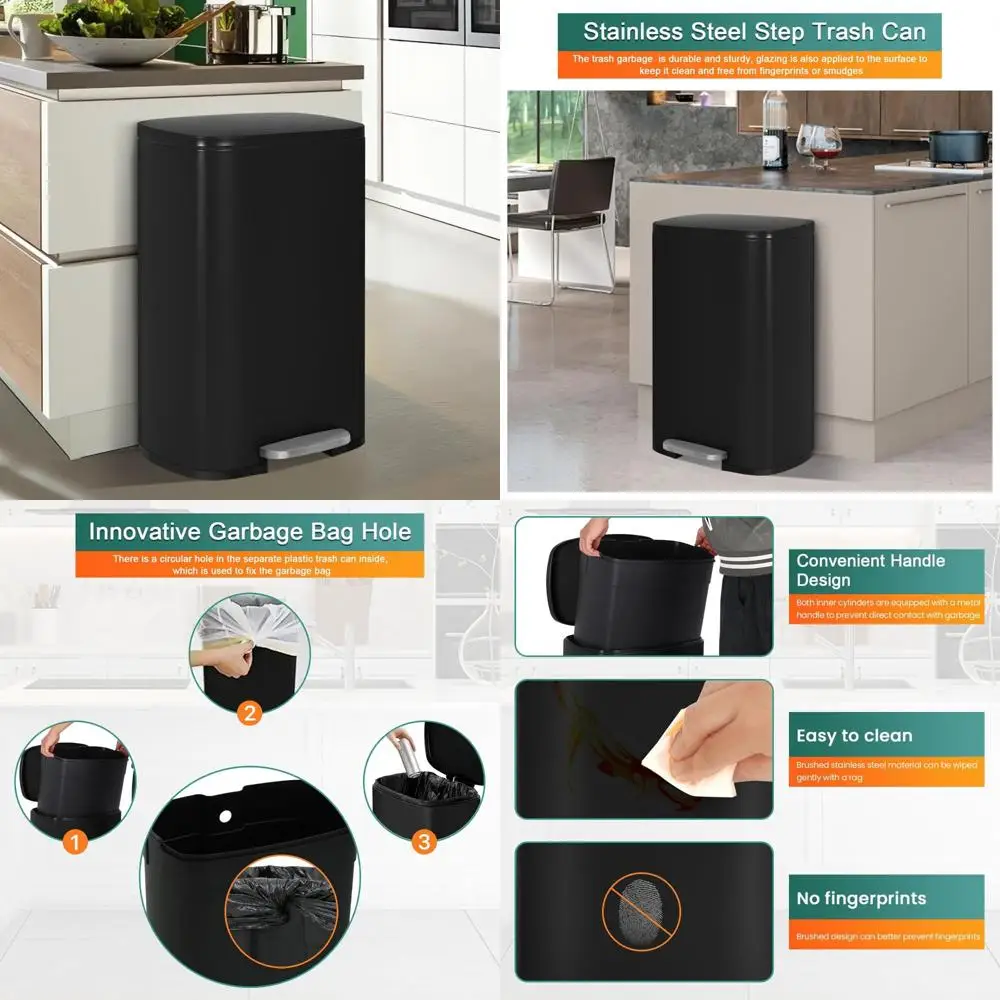 

Heavy-Duty 50L Stainless Steel Kitchen Trash Can with Odor-Proof Removable Bucket and Quiet Lid