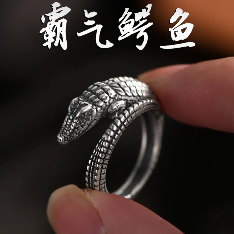925 Sterling Silver Creative Retro Crocodile Opening Ring, Unique Style
