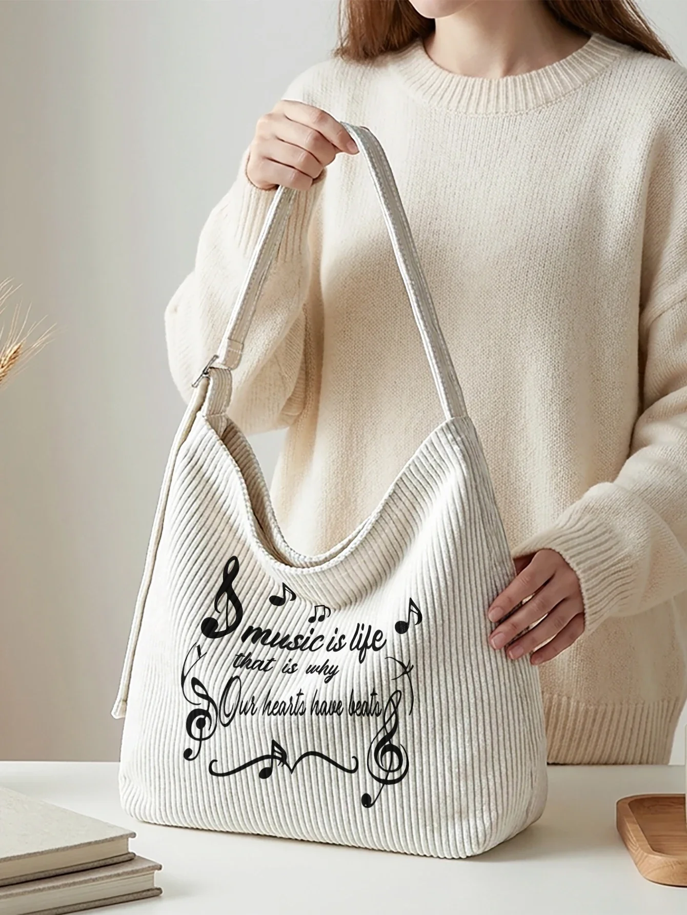 Music Is Life Quote Note Print Hobo Bag, Adjustable Strap Large Capacity Shoulder Bag For Work Travel Daily Casual