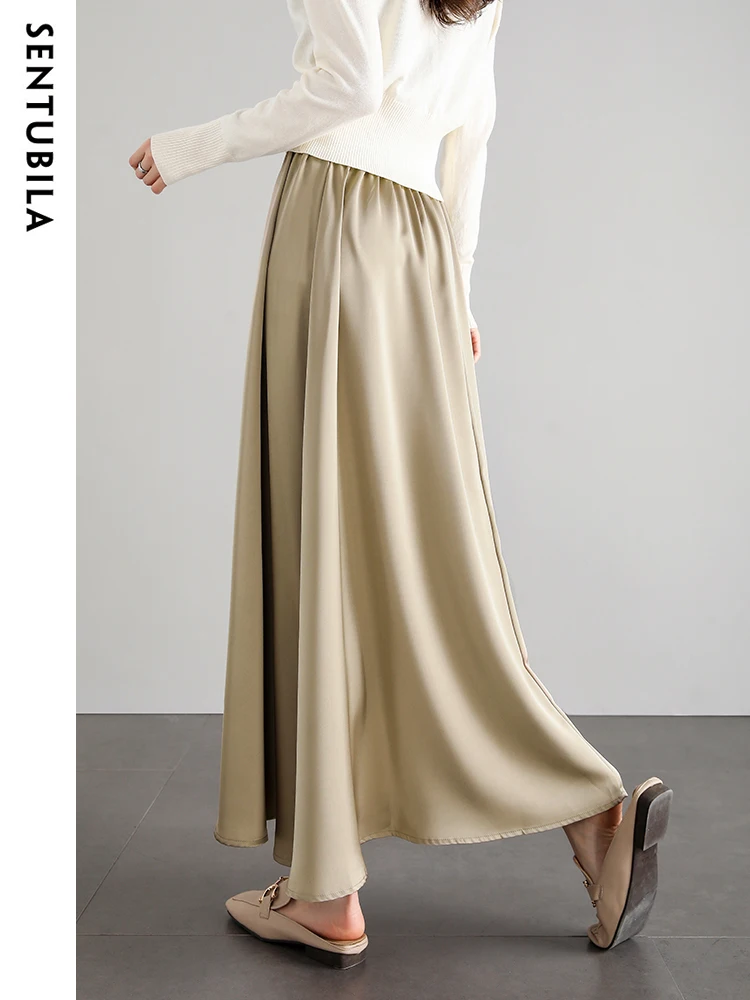 SENTUBILA Elegant Swing Long Skirts for Women Fashion 2024 Autumn Simple Elastic Waist Loose Skirt Women\'s Clothes W33Q51133