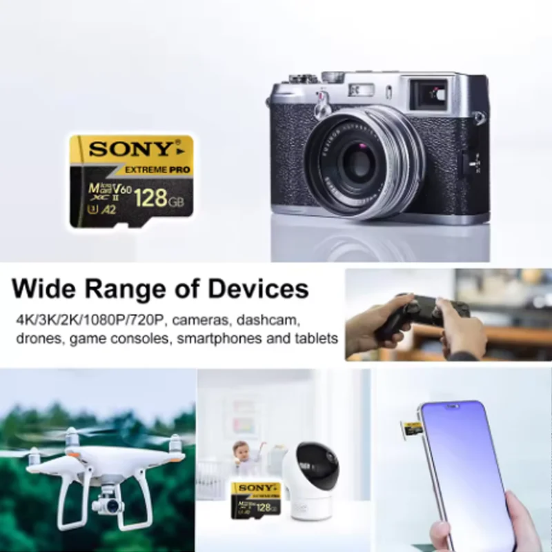 การ์ดหน่วยความจำ SONY 2025 รุ่นใหม่ V60 Extreme Pro Micro TF SD Card ความเร็วสูง 64GB 128GB 256GB 1TB 4K UHD สำหรับโทรศัพท์ คอมพิวเตอร์ กล้อง และโดรน