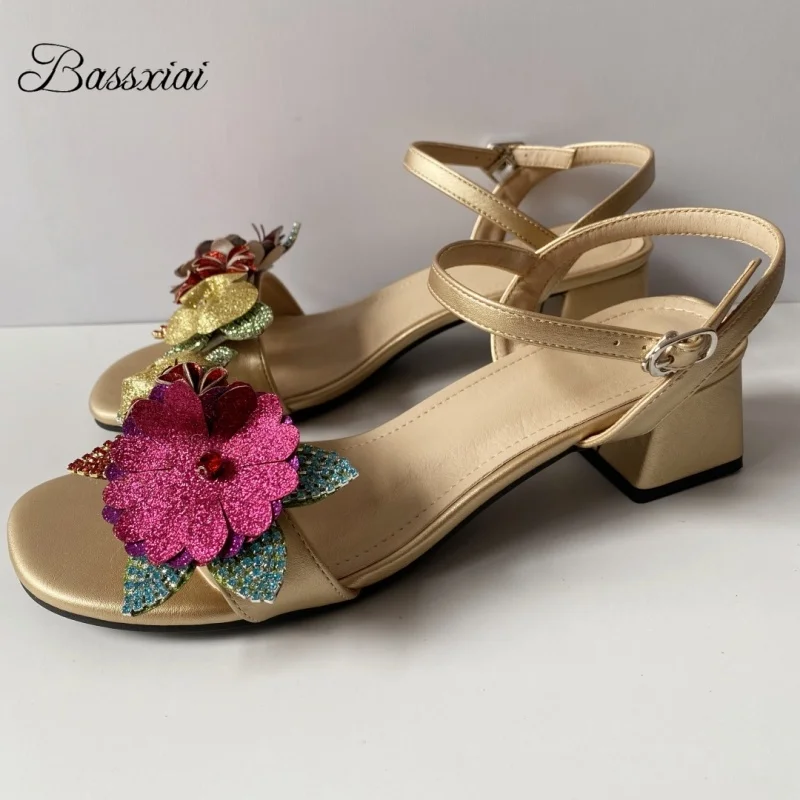 

Colorful Rhinestone Sequins Flower Women's Sandals Ankle Strap Medium Heel Summer Party Shoes Concise Style