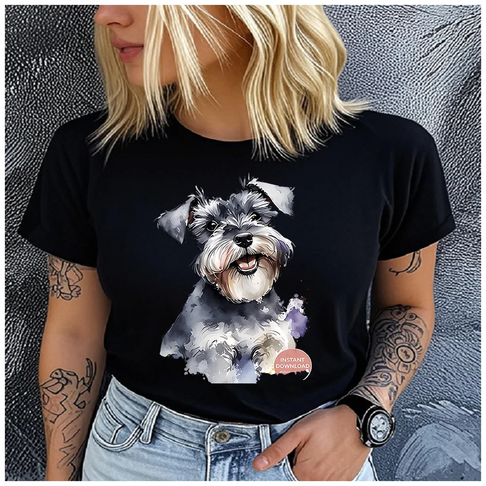 Cotton 100% Watercolor Mini Schnauzer Dog Portrait Print Women T Shirt Splash Ink Schnauzer Puppy Graphic Pet Lover Casual Tee