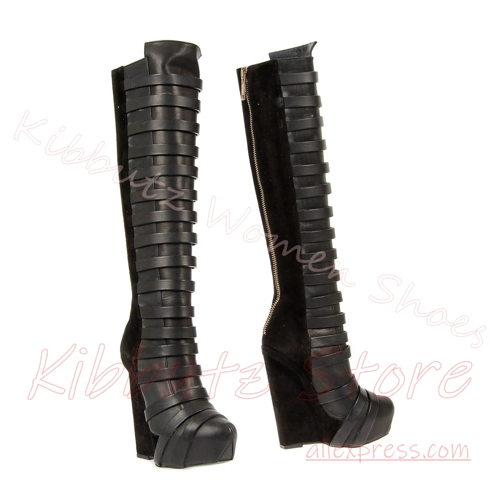 Platform Strap Wrapped Boots Knee High Wedge Women Back Zipper Buckle Patchwork Round Toe Gothic Punk Shoes Suede Leather Sexy