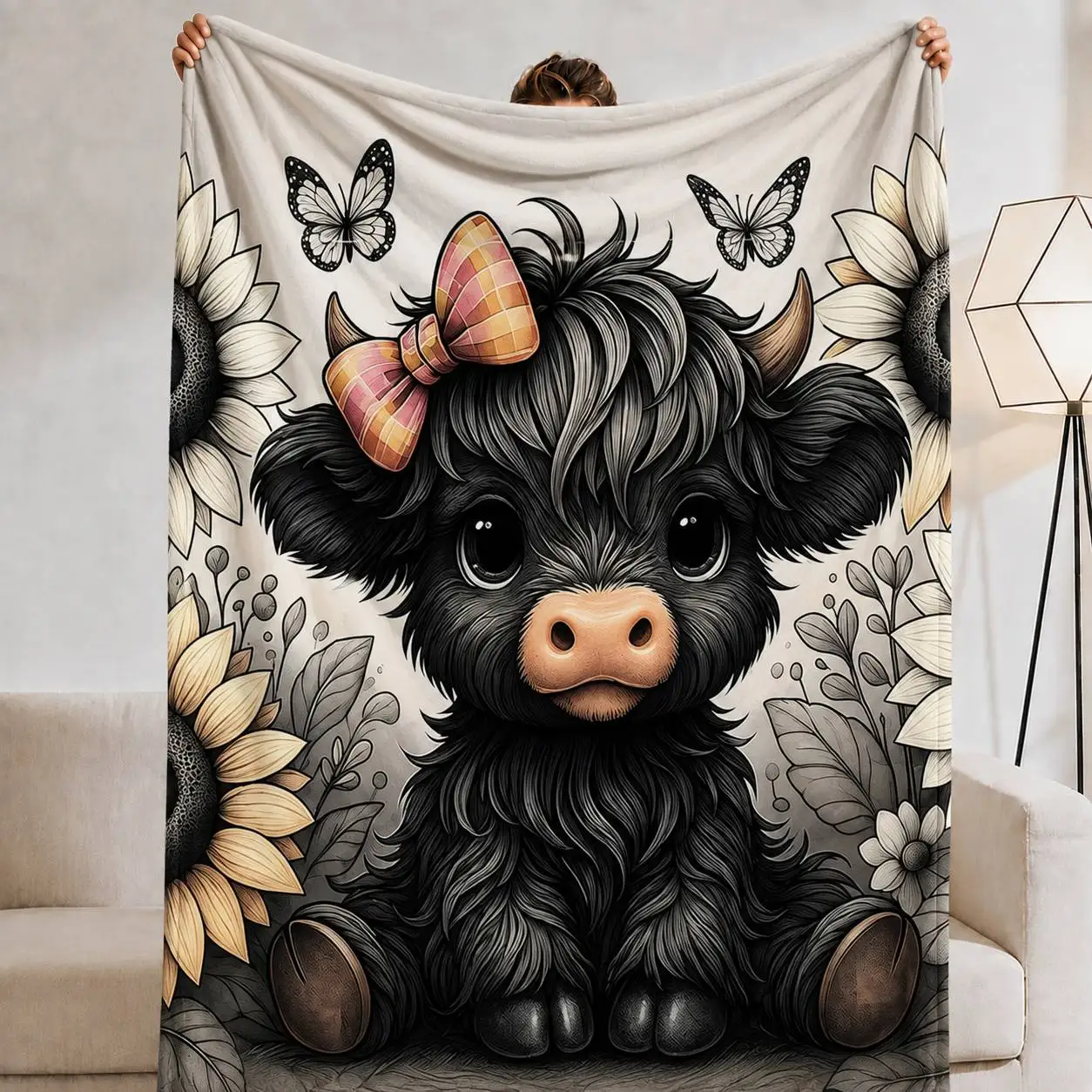 Cute Highland Cow with Plaid Bow Sunflower Butterfly Fleece  Farm Animal Floral Vintage Print Blanket For Sofa Couch Home Decor