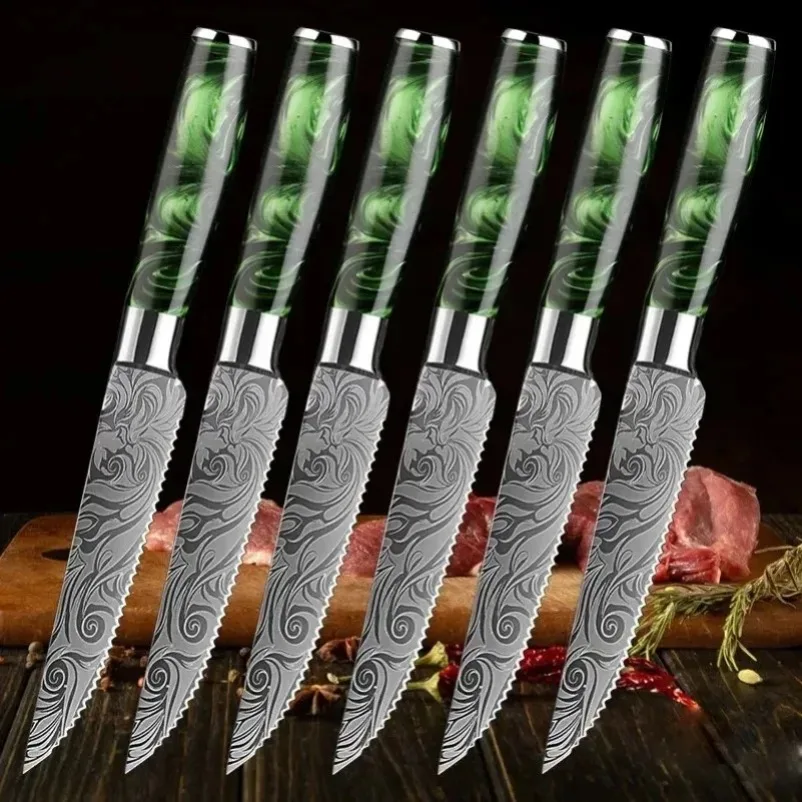 High Quality Damascus Pattern Serrated Steak Knifes Meat Fish Chicken Cutting Slicing Splitting Cooking Knife Green Resin Handle