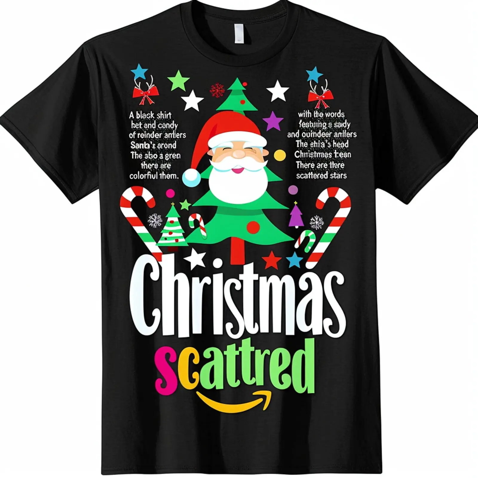 Christmas Squad Black T Shirt with Santa Hat Candy Cane Reindeer Antlers Design