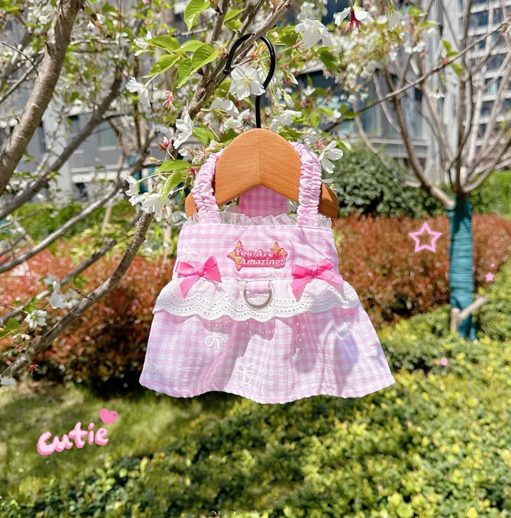 Super Cute Pink Checkered Bow Pet Dress For Little Dogs Suspenders Vest