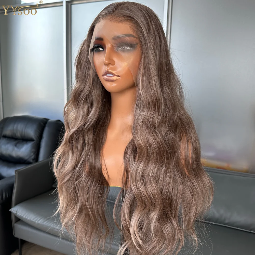 YYsoo wig renda depan sintetik tanpa lem Futura Jepang lurus halus warna 13x4 untuk wanita garis rambut telah ditanami