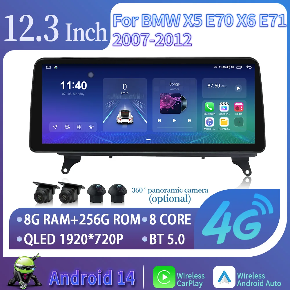 12.3 "Per BMW X5 E70 X6 E71 2007-2012 Android 14 Autoradio Multimediale Senza Fili Bluetooth Carplay Auto 4G GPS Touch Screen Stereo