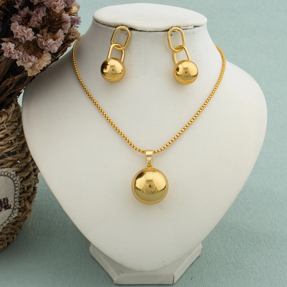Einfache geometrische Metall-Halskette, Ohrringe, Set, kugelförmiger Anhänger für Damen, Edelstahl, vergoldet, lichtecht, trendiger Schmuck – Detail 6