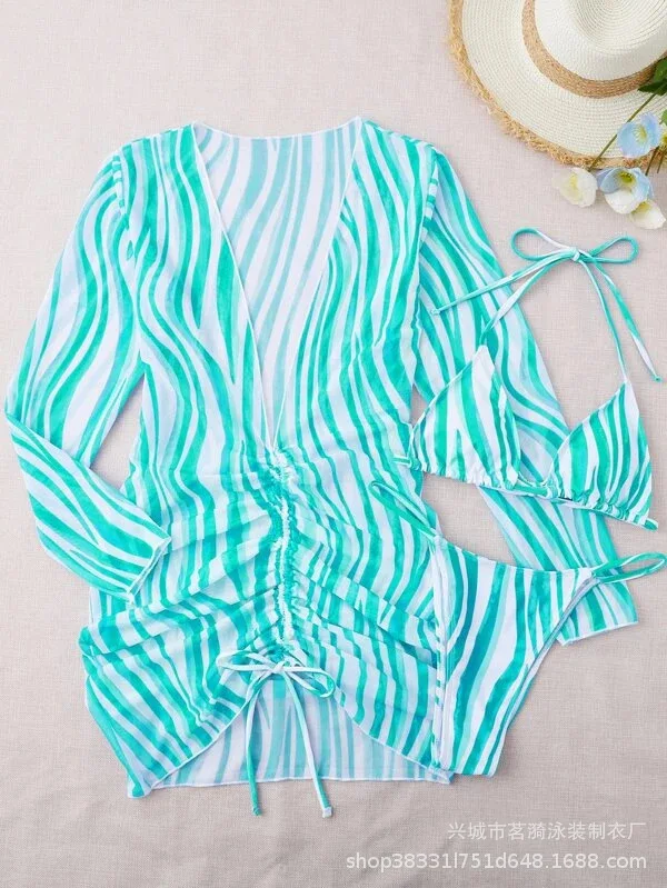 Women 3‑Piece Striped Bikini Swimsuit Halter Triangle Bathing Suit Long Sleeve Zipper Drawstring Sheer Cover‑Up Beach Swimwear