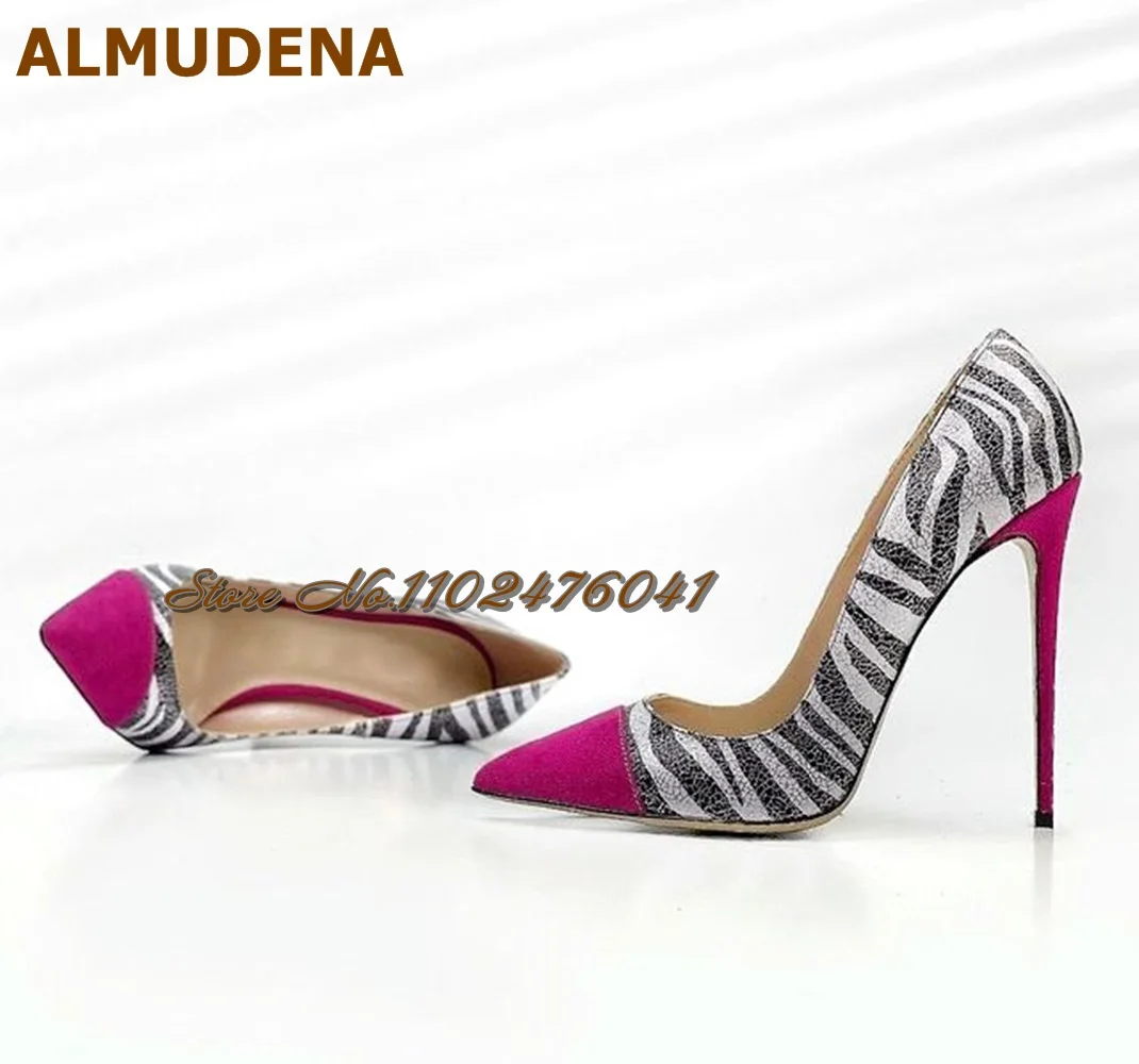 ALMUDENA Zebra Stripe 12Cm Sky High Heel Shoes Fuchsia Pink Color Patchwork Stilettos 10cm 8cm Pointed Toe Pumps Shallow Shoes