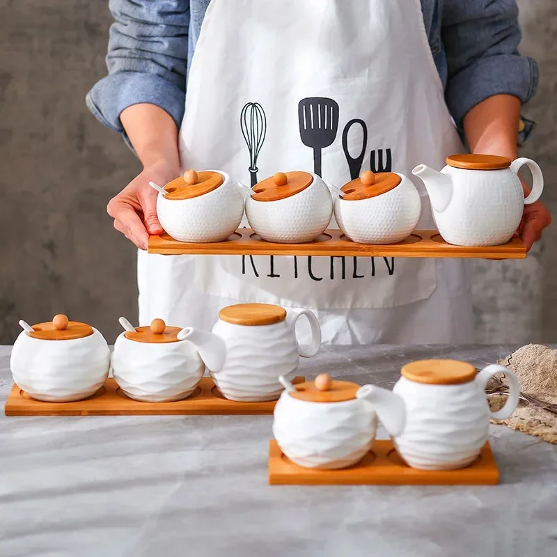 

Кухонные аксессуары, керамический набор коробок для специй + бамбуковый поднос, набор банок для соли и сахара, ящик для хранения, дозирующая бутылка для дома De