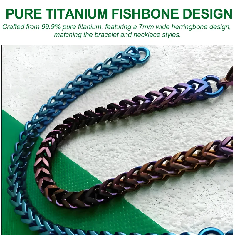 Anodized Pure Titanium Fishbone Chain 7mm Wide Bracelet Necklace Dazzling Design Daily Party