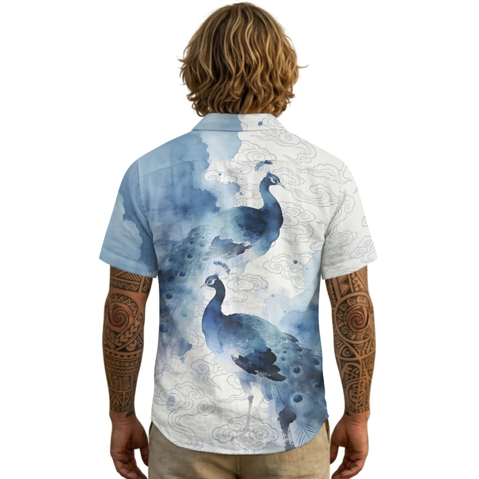 PENSTROLL Watercolor Peacock Print Linen Like Short Sleeved T-shirt Breathable Short Sleeve Top for Men S-3XL