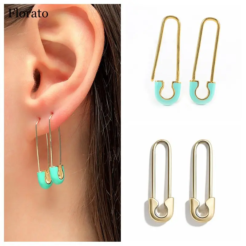 

925 Sterling Silver Ear Buckle Candy Colorful Enamel Geometry Safety Pin Huggie Earrings For Women Dripping Oil Hoop Earrings
