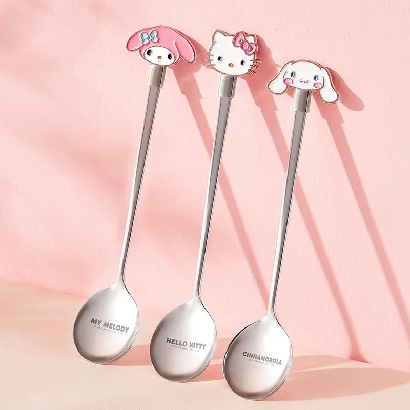 Sanrio Hello kitty Cinnamoroll My melody cute cartoon pattern children's new long-handled stainless steel spoon for home use