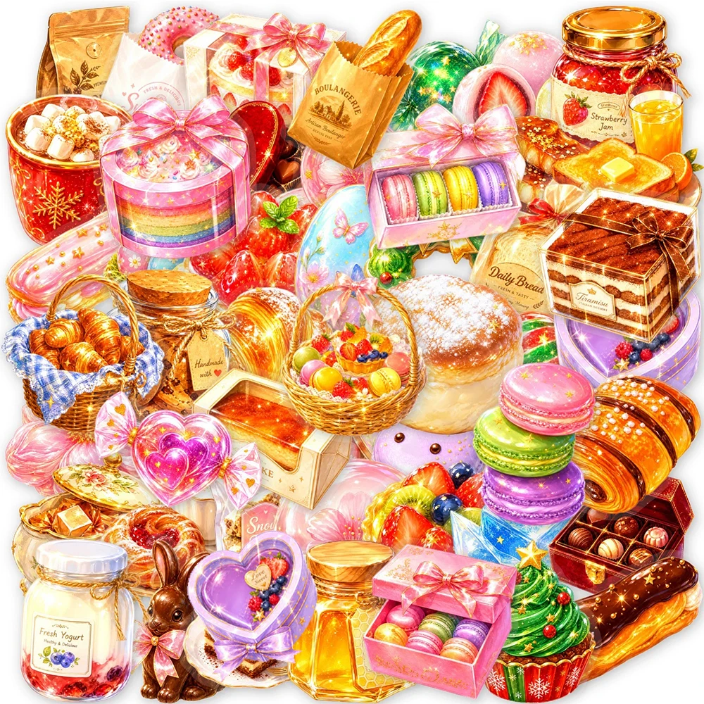 10/30/50pcs Transparent Shiny Dessert Cake Bread Cartoon Stickers Aesthetic Food Sticker DIY Phone Fridge Decoration Decals Toys