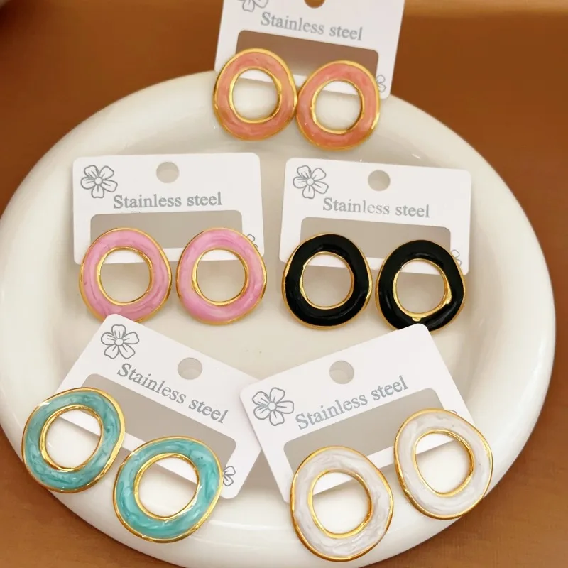Candy-colored 18K Gold color Stainless Steel Colored Resin Drops Hollowed-out Circular Stud Earrings for Woman Fashion Jewelry
