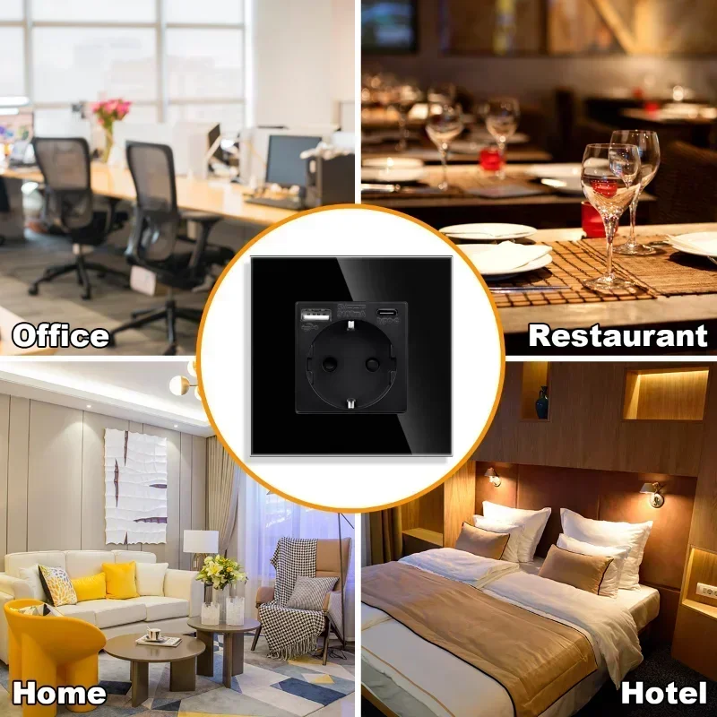 EU Standard Wall Socket with USB Type-c Light Switch Black Crystal Glass Panel Interruptor Outlet with TV network CAT6 interface