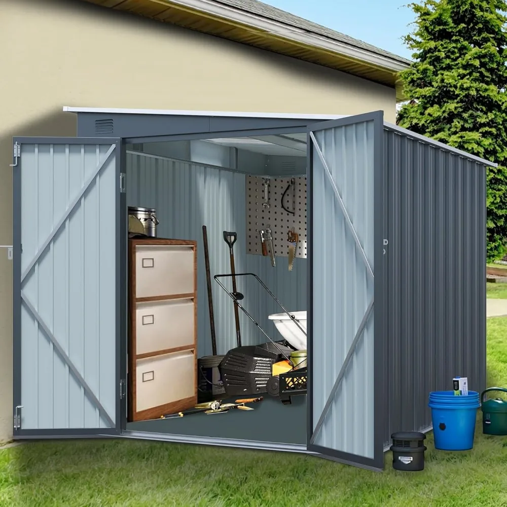 

6x8FT Metal Storage Shed, Galvanized Steel Outdoor Storage Shed with Double Lockable Doors, Storage Sheds Outdoor with Floor & V
