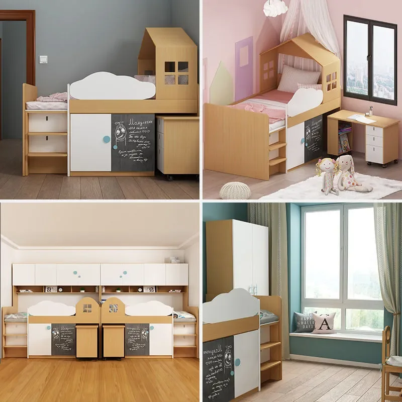 Multifunctional Single Bed with Under Cabinet Study Desk Half Height Loft Bed Frame with Storage Space for Bedroom Furniture