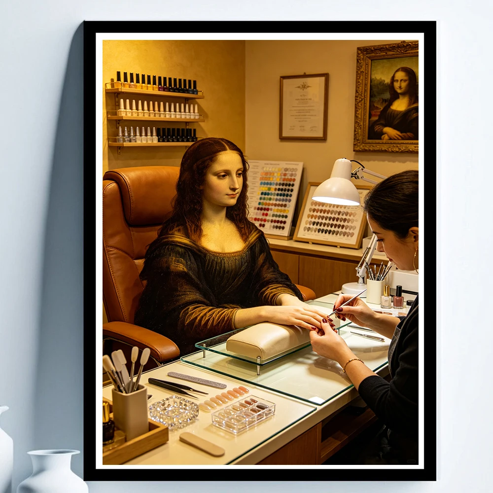 Funny Mona Lisa Prints Modern Renaissance Art Altered Art Poster Classic Wall Art Mona Lisa Get a Nail Salon Canvas Painting