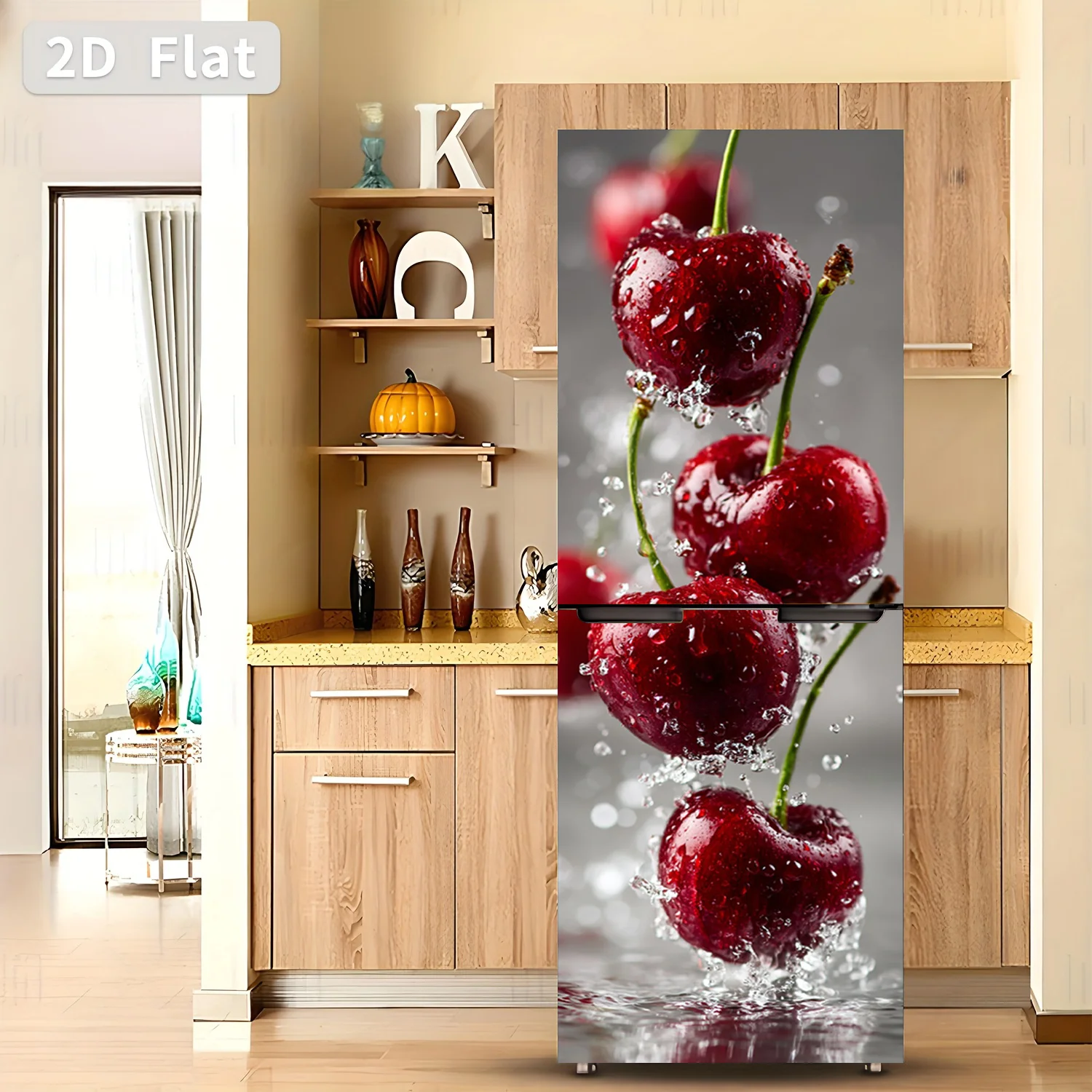Refrigerator Sticker Cherry in Water Droplets Theme Design Wall Sticker Decorative Wallpaper Self-Adhesive Suitable for Cabin
