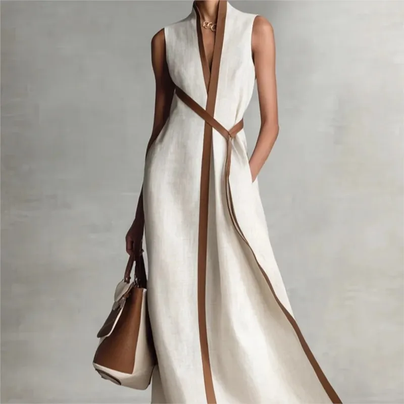 

Contrast Color Sleeveless Dress Lace Up 2026 Simple Loose Fashionable Women's Stand Collar Cotton Linen Solid Color Long Dress