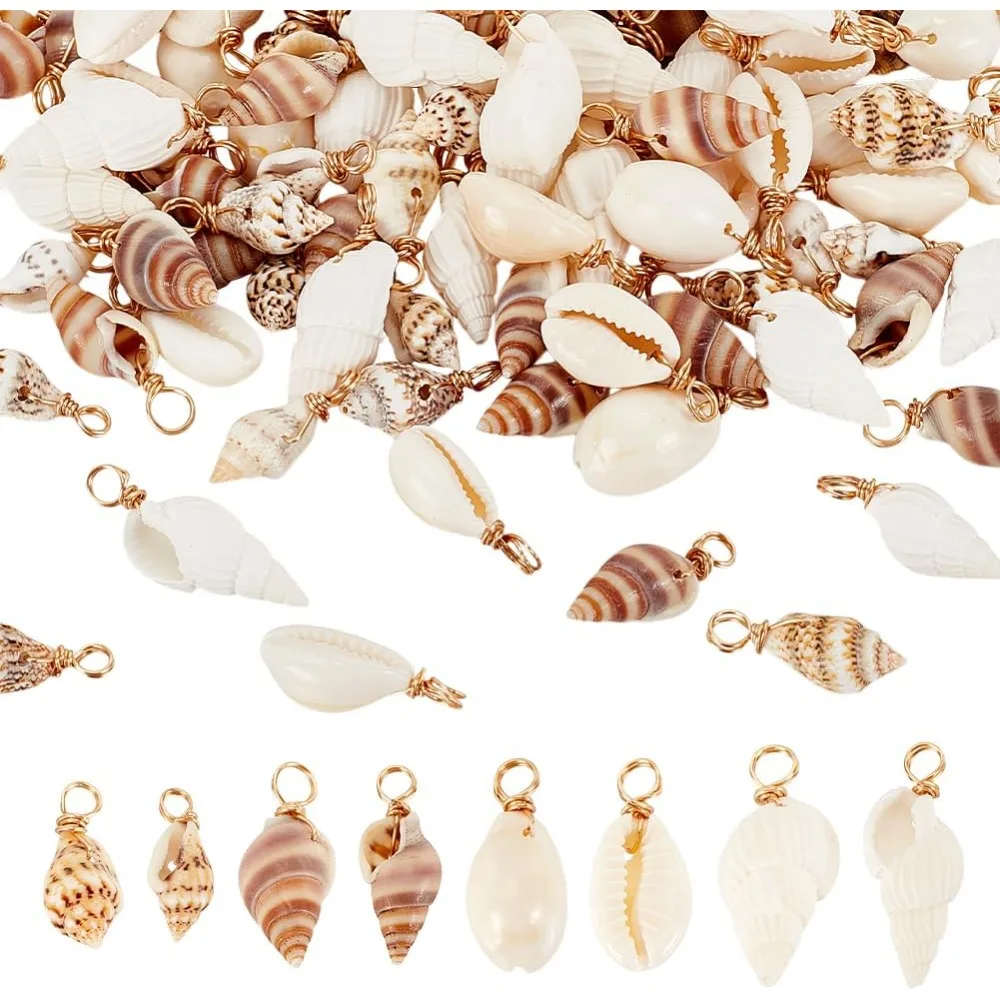 100pcs 4 Styles Natural Shell Charms Pendants Seashells Link for Necklace Bracelet Jewelry Making Conch Shell Connectors kit