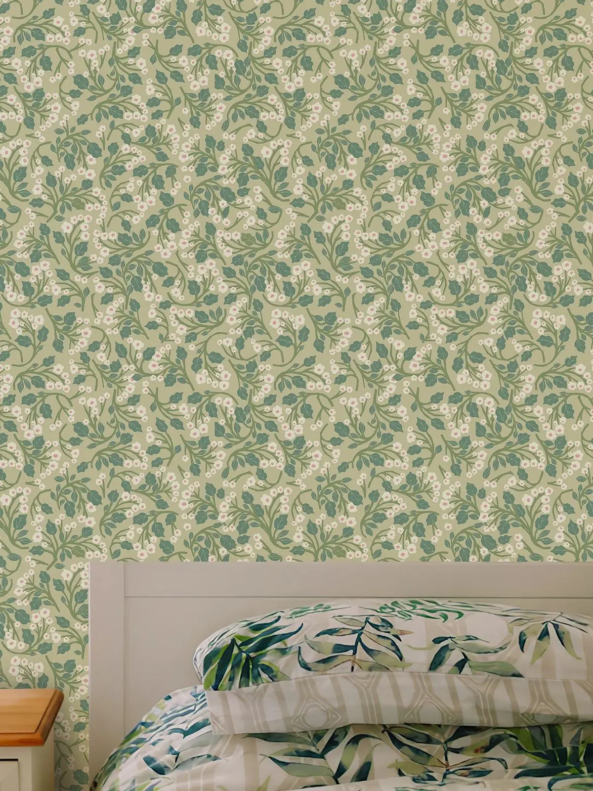 Fresh Green Leaves White Flowers Peel and Stick Wallpaper Waterproof Self Adhesive Wallpaper Kitchen Bathroom Living Room Decor