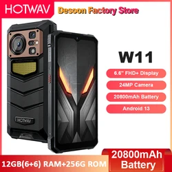 HOTWAV W11 Rugged Phone 6.6'' FHD+12GB+256GB 20800mAh Battery MT8788 Octa-Core 64MP Camera Android 13 NFC Mobile Phone