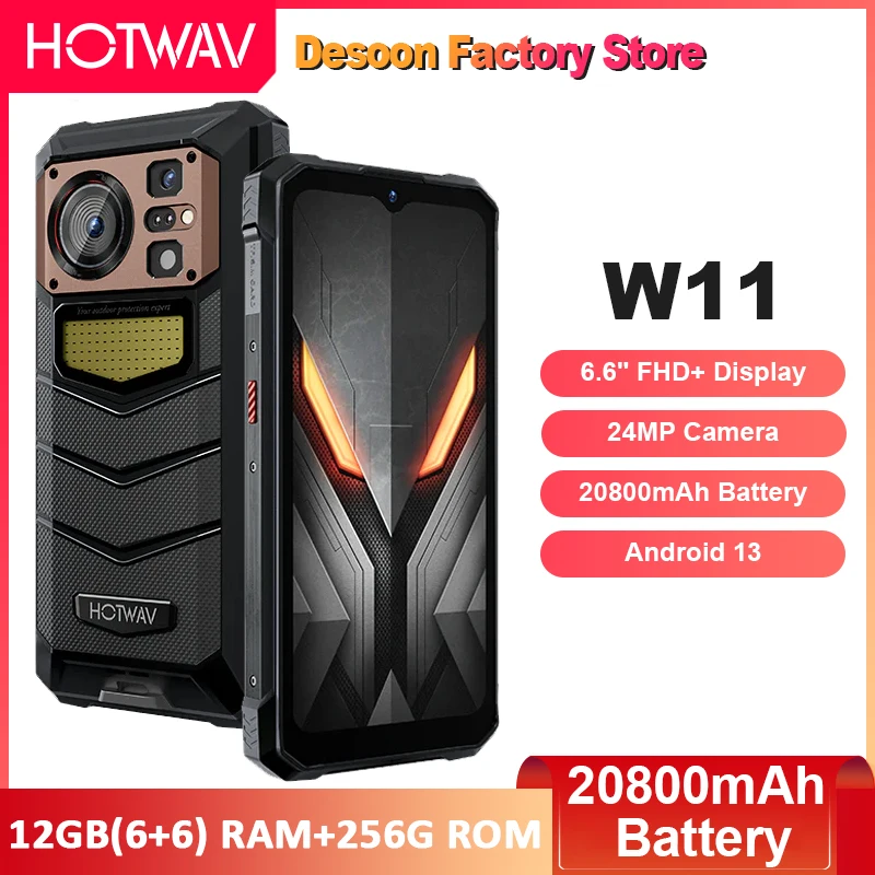 HOTWAV W11 Rugged Phone 6.6'' FHD+ Android 13 12GB(6+6) RAM+256GB ROM 20800mAh Smartphone  24MP Camera Night Vision Mobile Phone