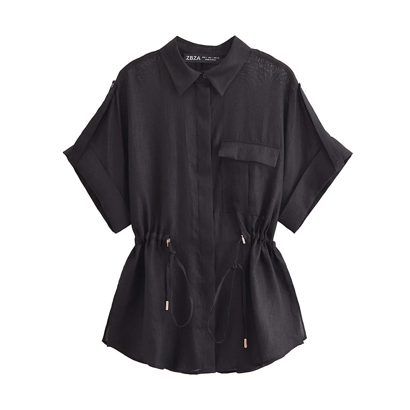 Willshela Women Fashion With Pocket Solid Single Breasted Blouse Vintage Lapel Neck Short Sleeves Female Chic Lady Shirts