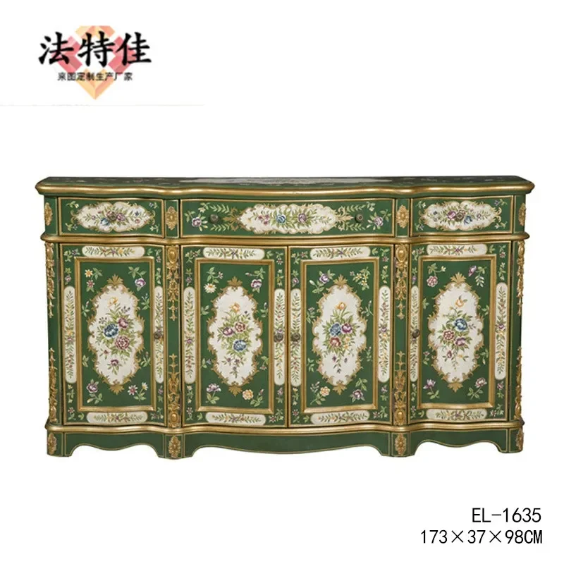 For European Luxury Hand Painted 1.7m Green Porch Cabinet Four Door Decorative Locker Villa Model Room Furniture