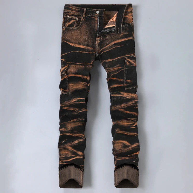 Spring Autumn Wine Red Slim-fit Jeans Mens Vintage Fashionable Elastic Pants High Street Straight-leg Trend Casual Male Trousers