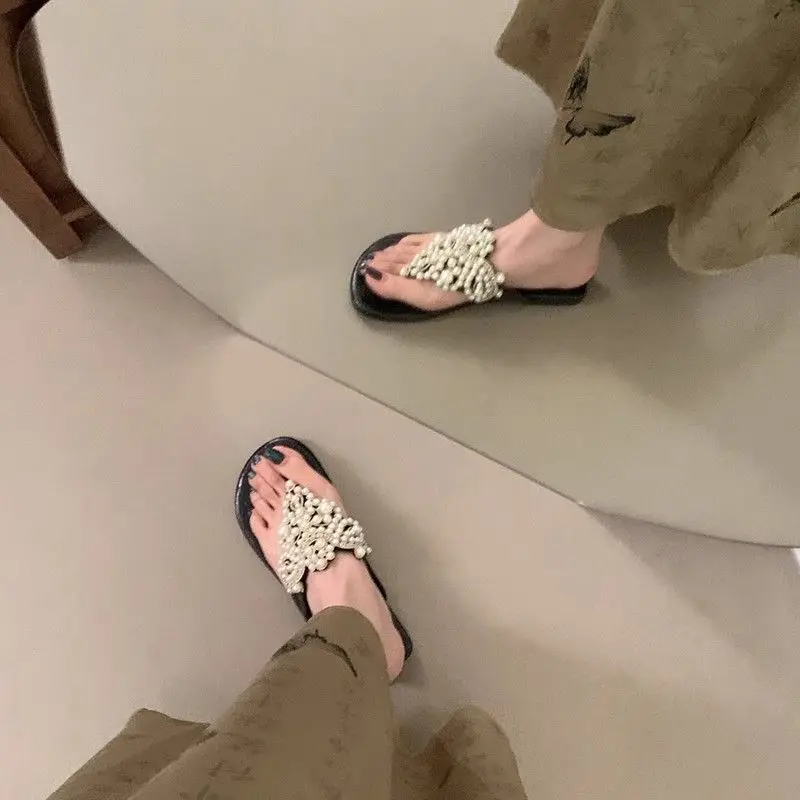 2024 New Summer Sweet Wind Beaded Design Double-toe Holiday Flip-flops Women's Shoes Elegant Fashion Casual Flat Sandals