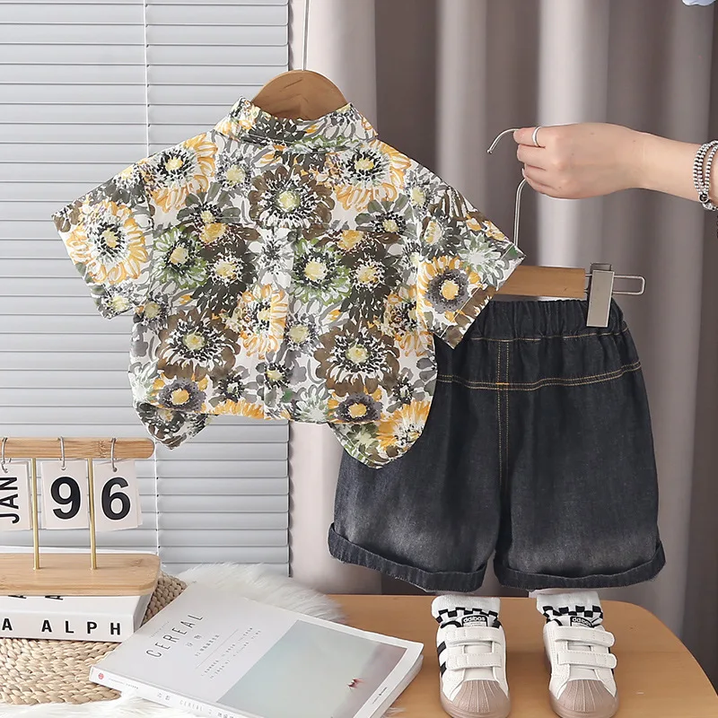 Toddler Boys 3PCS Sunflower Print Short Sleeve Shirt + T-shirts + Denim Shorts Set Casual Summer Outfit for Daily Party Vacation