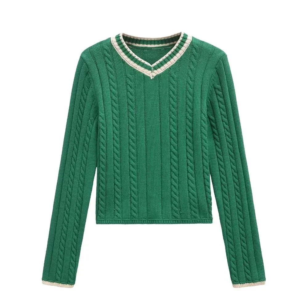 TRAF ZR Vintage V-neck Cable Knit Sweater Elegant Relaxation Chic Knitted Tops Contrasting Yarn Knitwears Aesthetic Streetwears